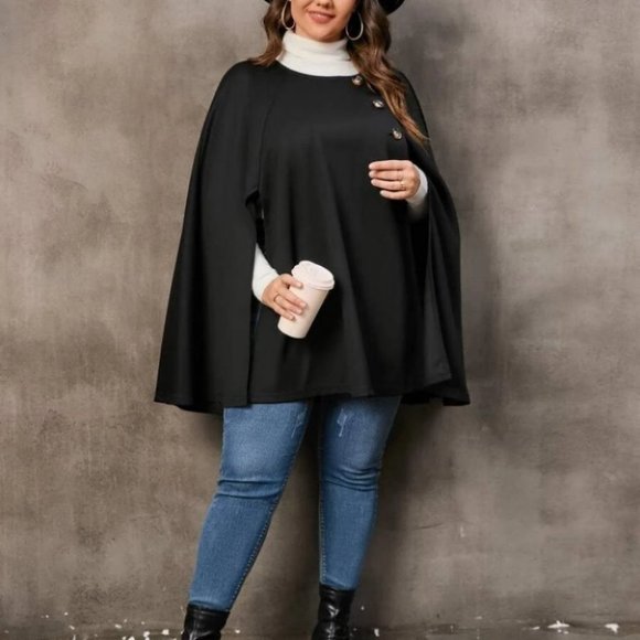 Plus Size Black Button Front Cloak Sleeve Coat Jacket cape - Picture 4 of 4